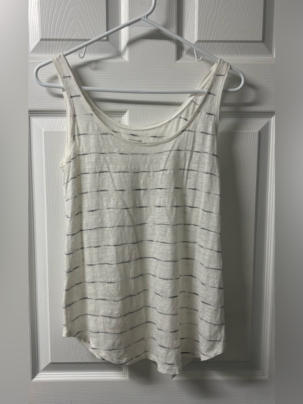 Eileen Fisher Organic Linen Cream Flowy Tank Top with Thin Gray Stripes